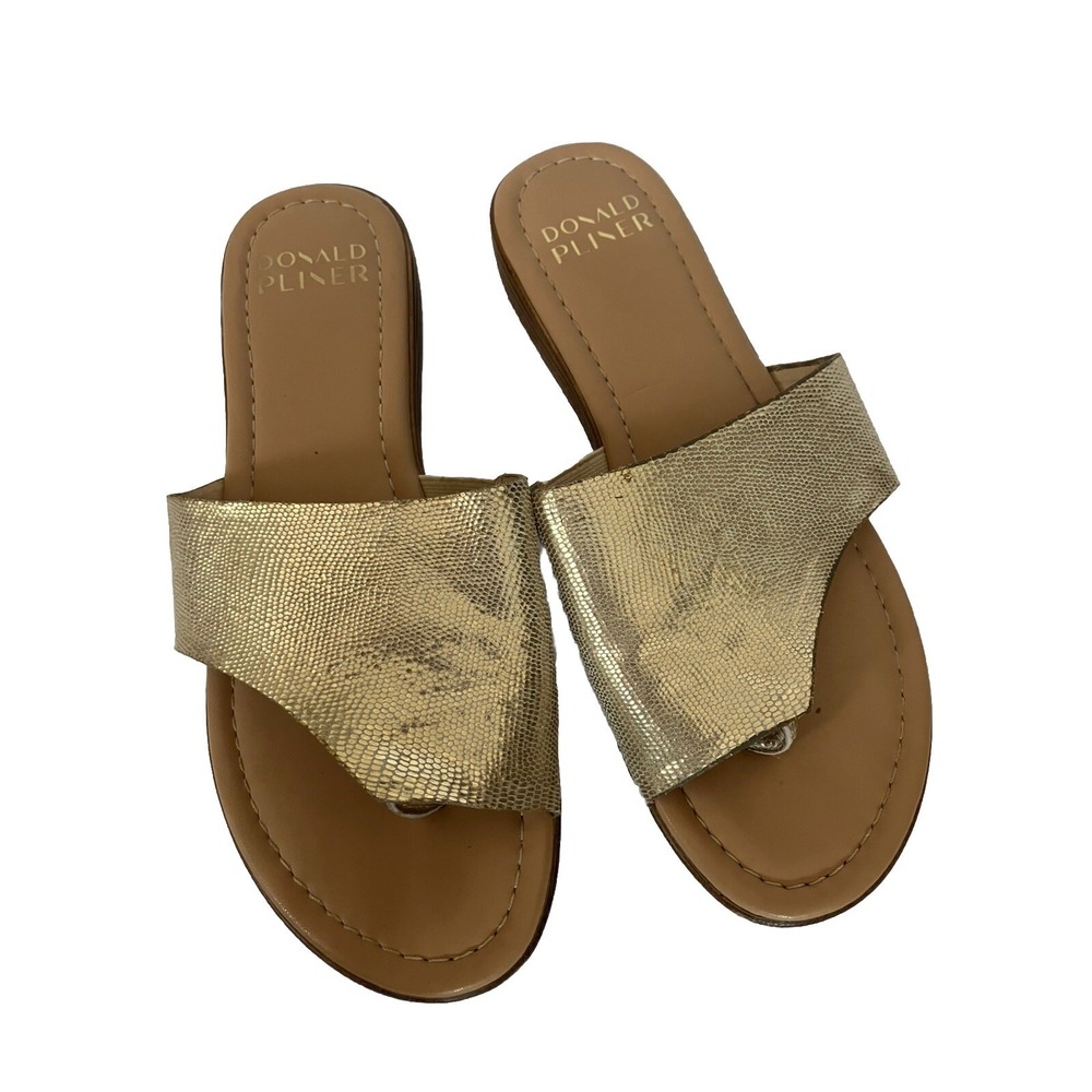 Donald Pliner Thongs Slide Sandals Gal Gold Shimmer Leather Low Wedge 6.5
